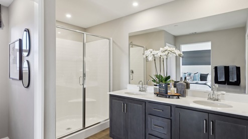 Primary bathroom with dual sinks and shower