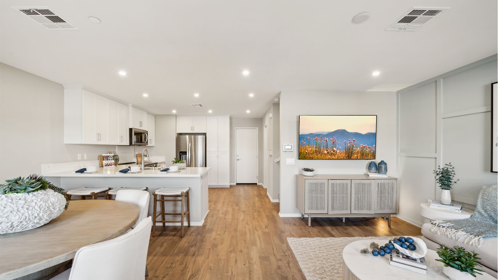 Modern open-concept dining room, and kitchen