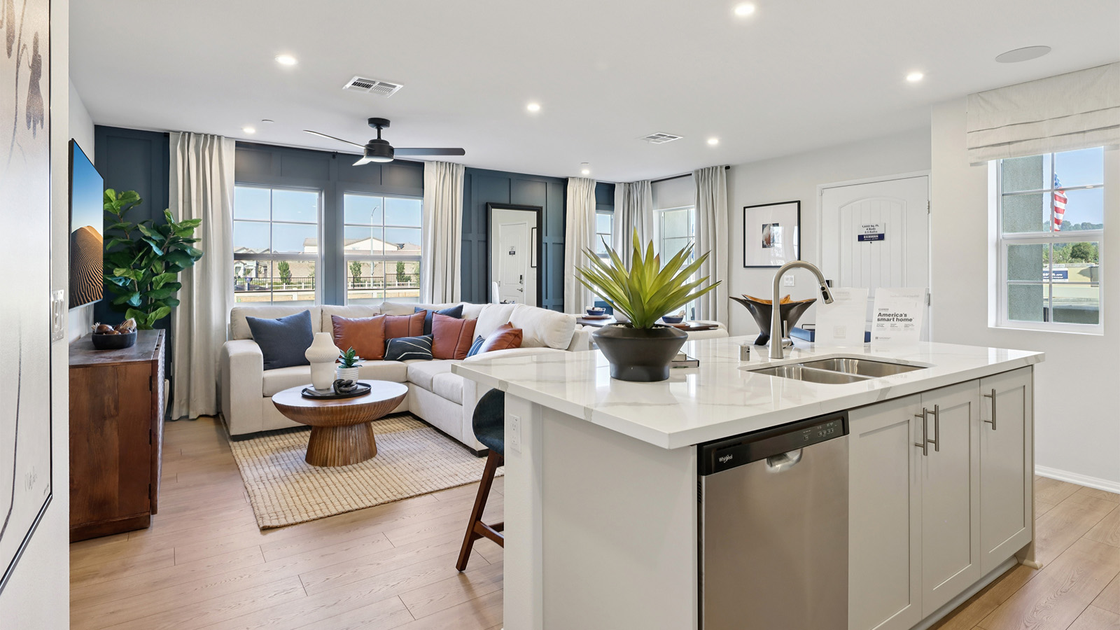 Spacious kitchen with an island and stainless-steel appliances