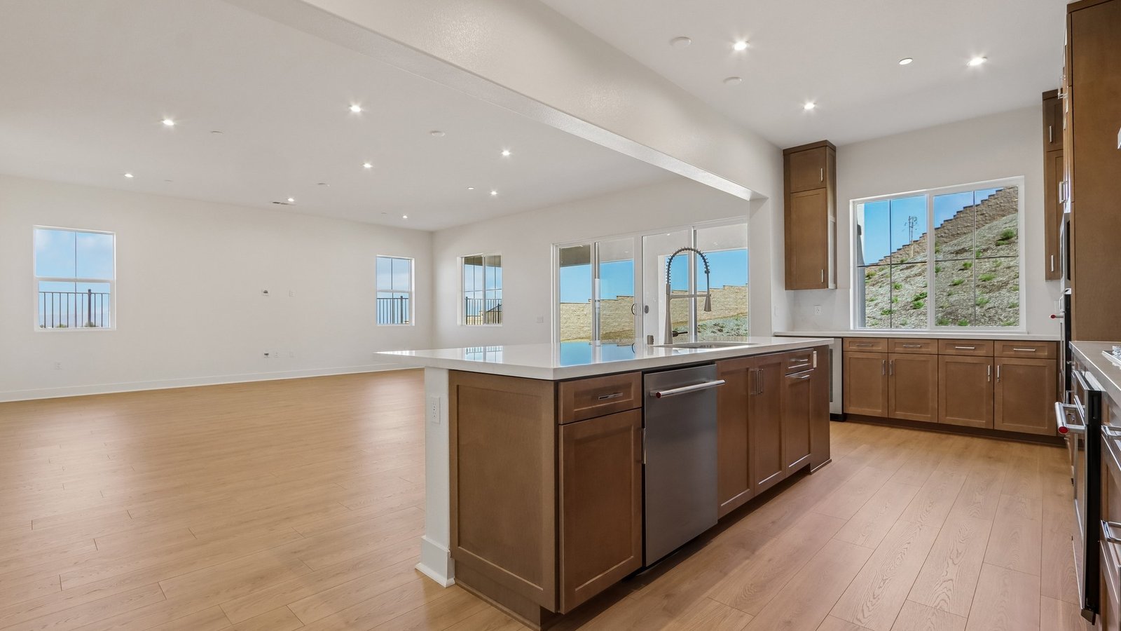 kitchen with brown cabinets and island