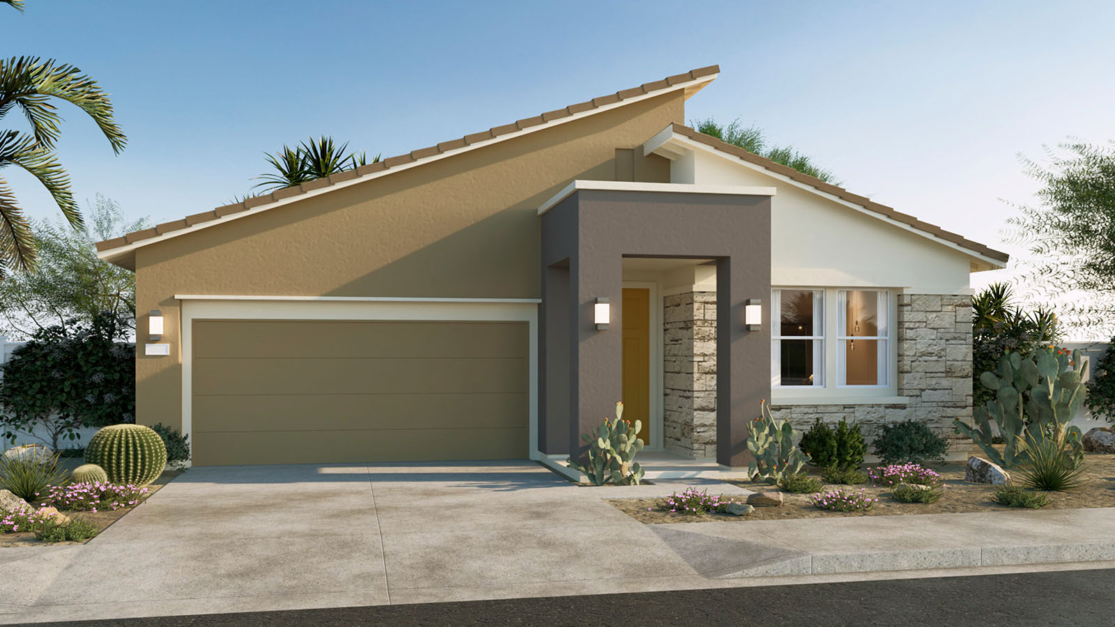 One-story Modern home with stone veneer and two-car garage