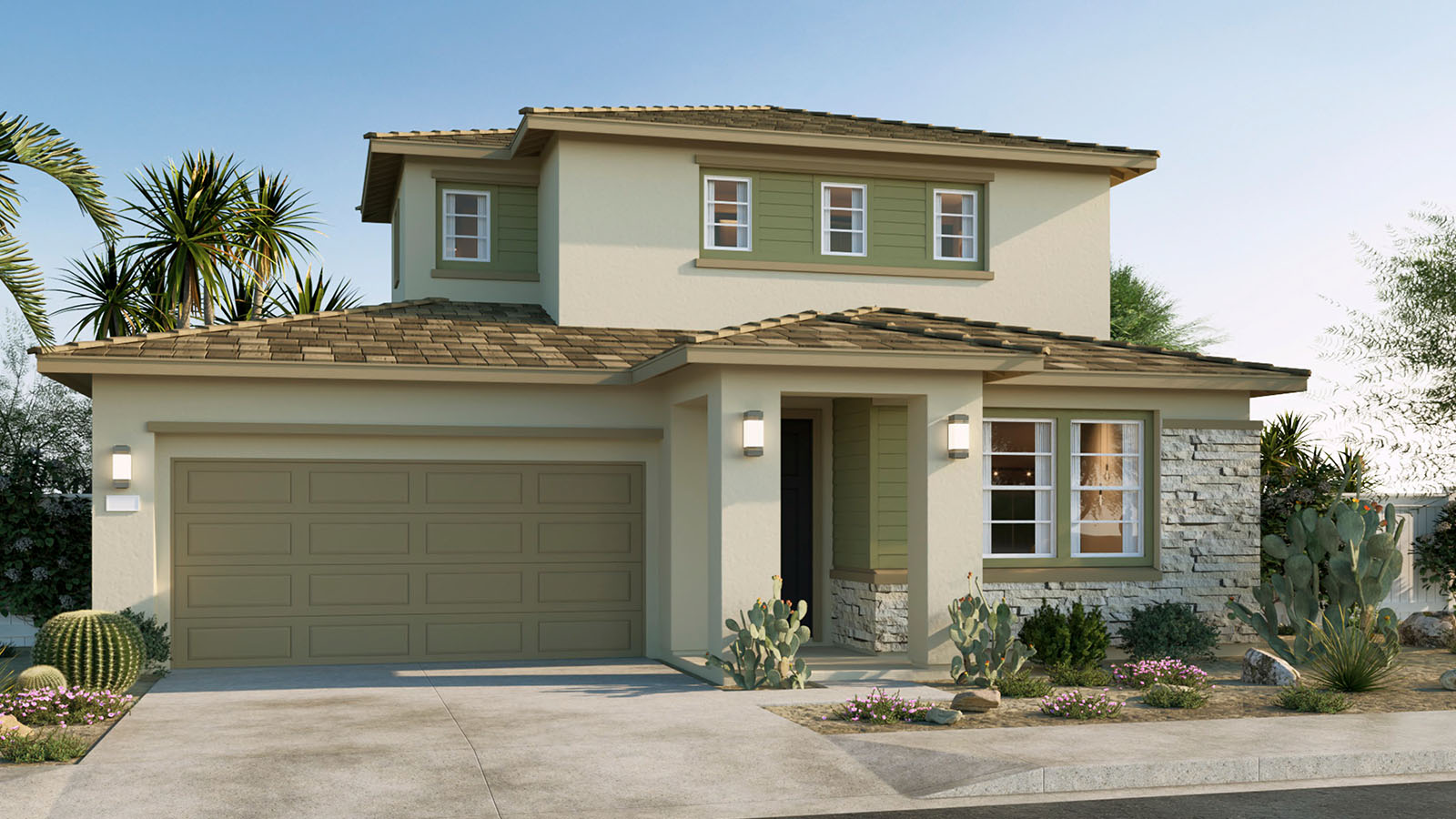 Two-story Desert Contemporary home with stone veneer and two-car garage