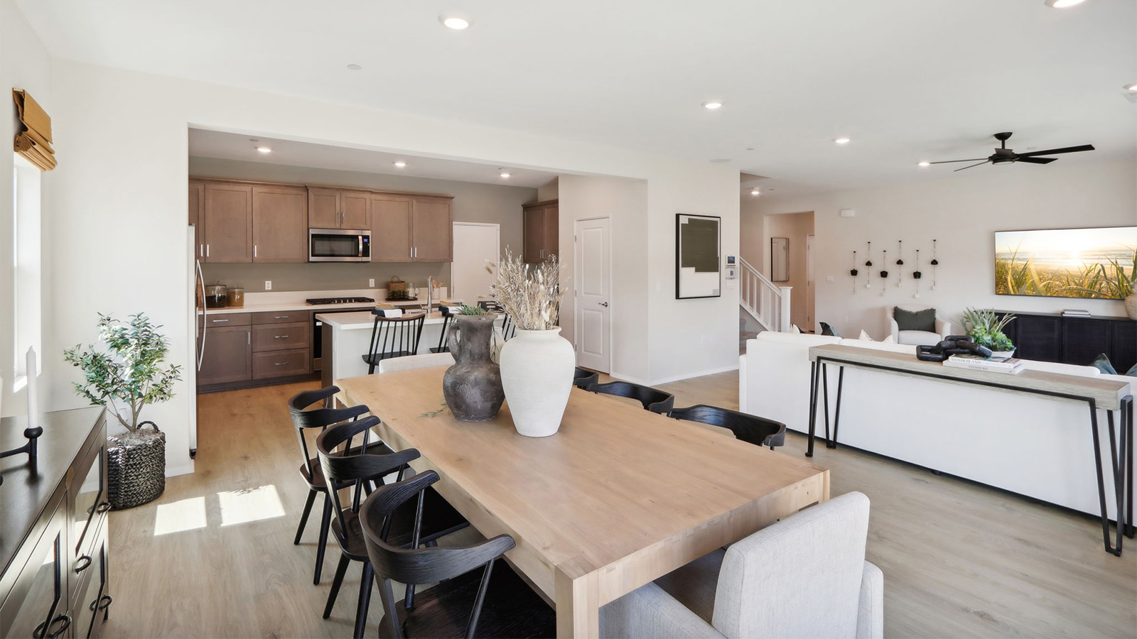 Open-concept great room and dining room and kitchen