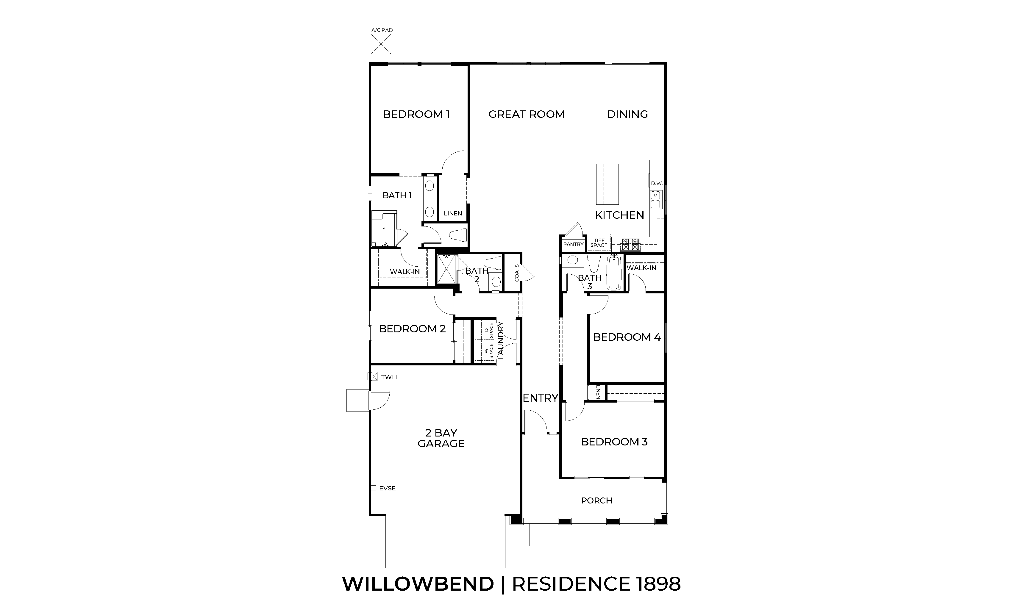 Residence 1898 floor plan showing 4 bedrooms, 3 bathrooms, and a 2-car garage