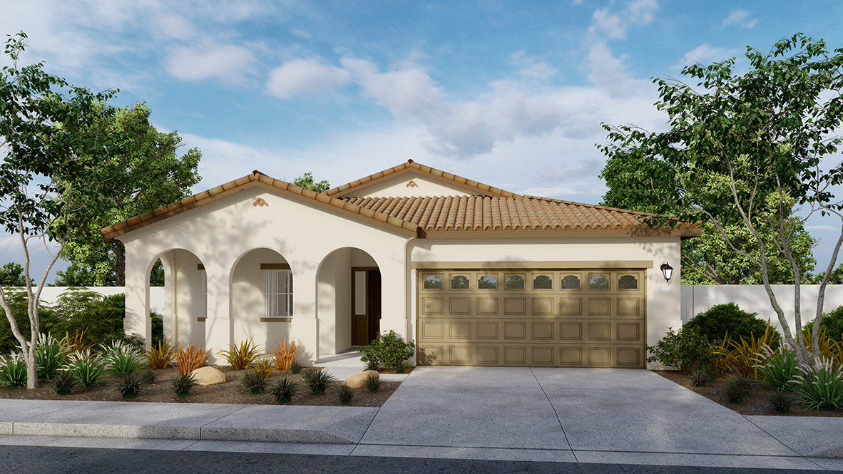 Residence 1898 single-story, 2-car garage home rendering with exterior elevation A