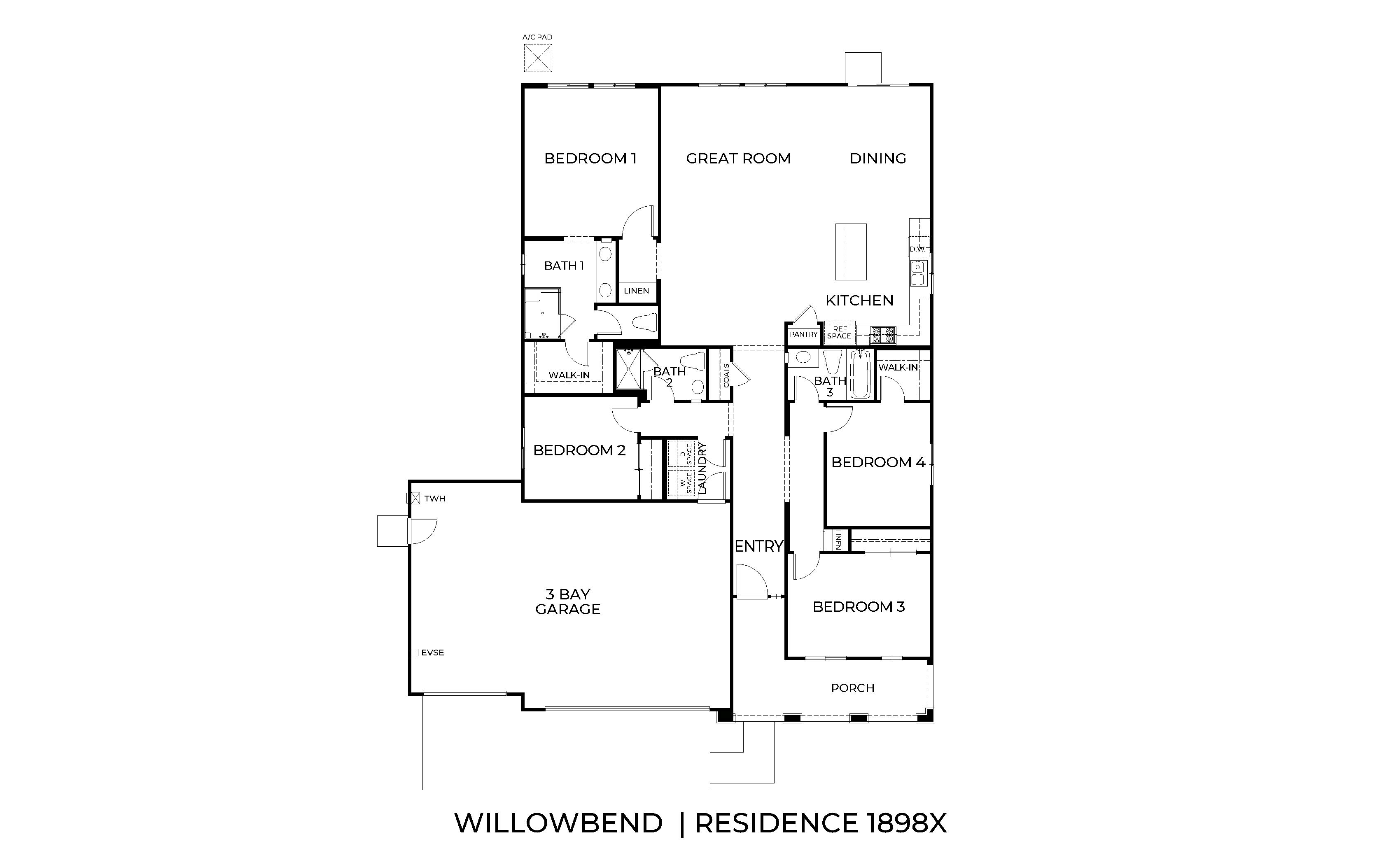 Residence 1898x floor plan showing 4 bedrooms, 3 bathrooms, and a 3-car garage