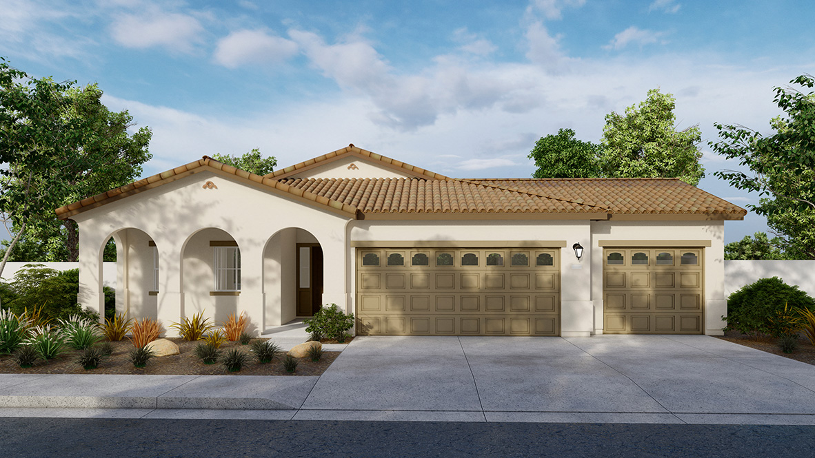 Residence 1898 single-story, 3-car garage home rendering with exterior elevation A