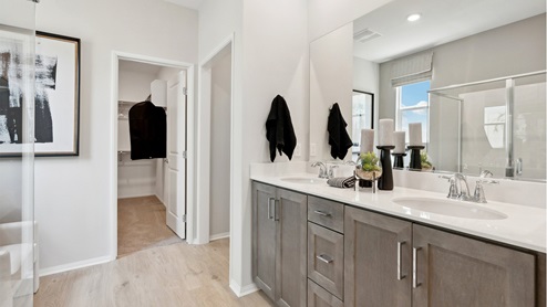 Primary bathroom counter with double sinks