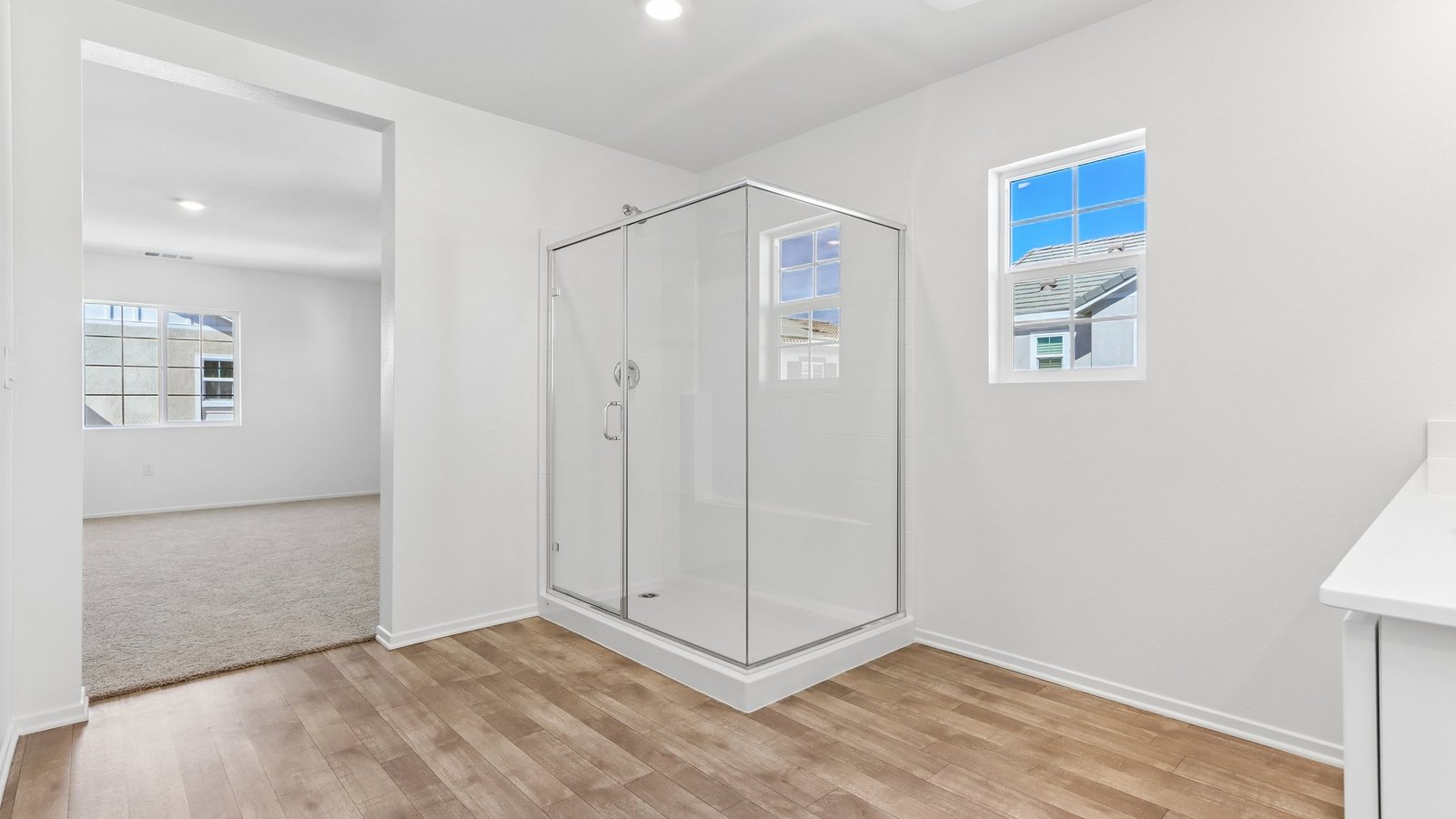 primary bathroom with dual vanity and shower