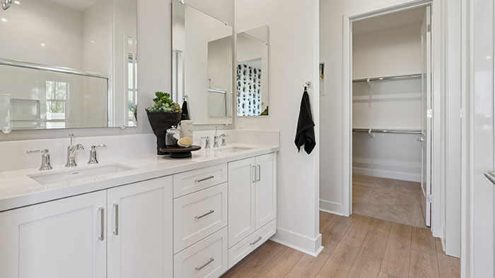 Interior bathroom with double sink and walk-in closet