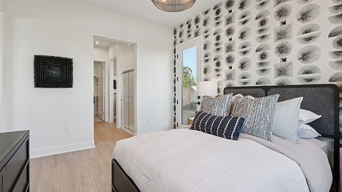 Interior bedroom with accent wall and large windows