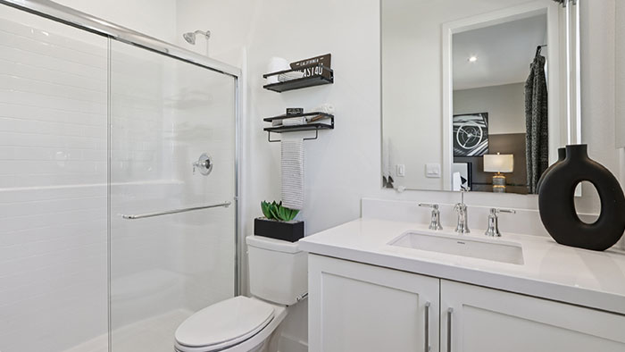 Interior bathroom with sink and shower