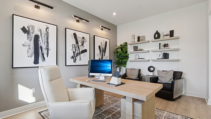 Interior office with large window and accent wall