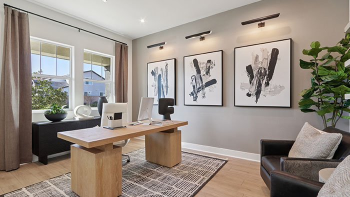 Interior office with large window and accent wall