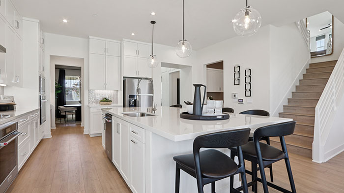 Interior kitchen with center island and white cabinets