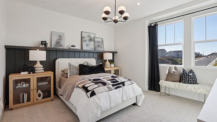 Interior bedroom with large windows