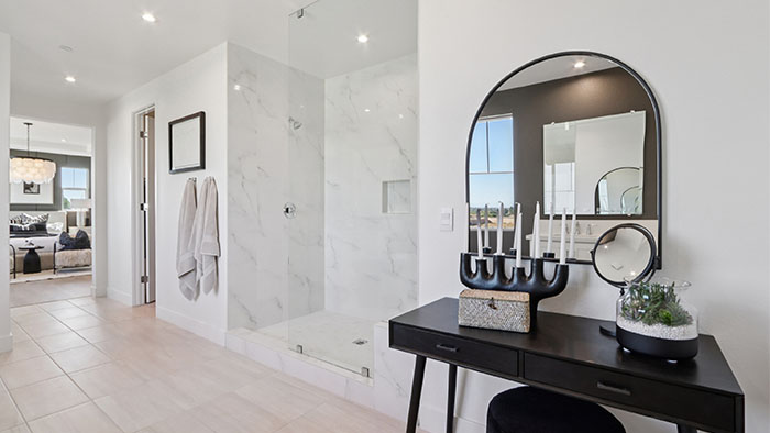 Interior bathroom with shower and vanity