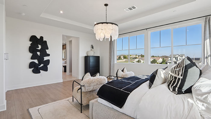 Interior primary bedroom with accent wall and large windows