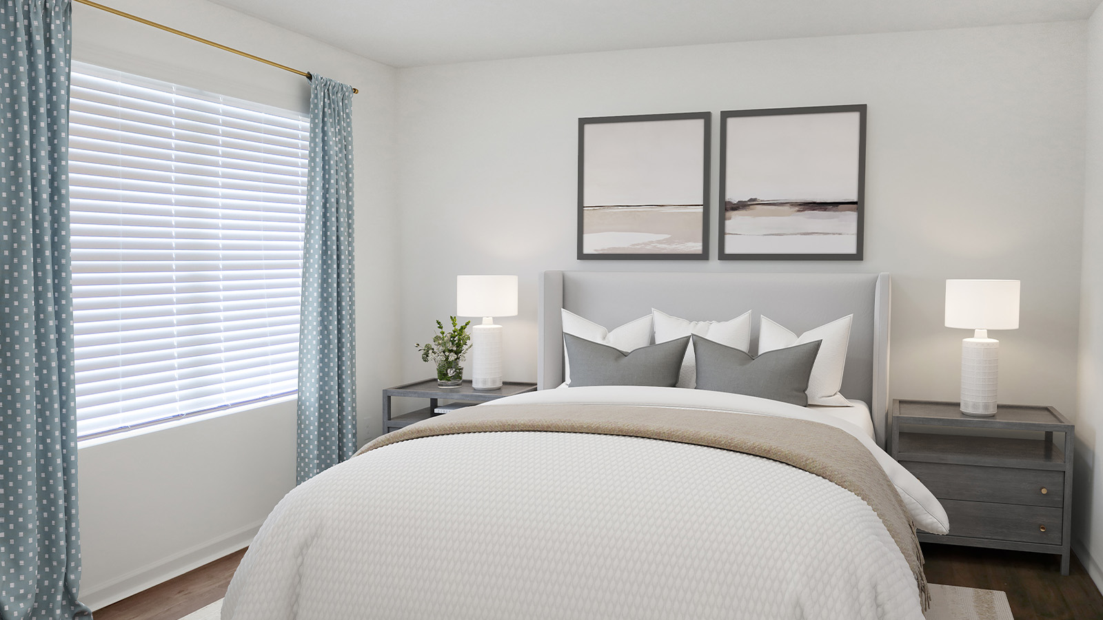 Off the living room is a large flex room, which is here shown staged as a fifth bedroom. This room could also be used as an office, nursery, or however best suits your needs.