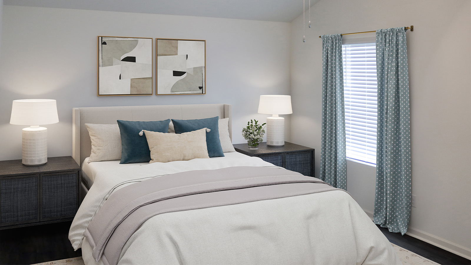 The spacious primary suite, with room for a king sized bed and two nightstands.