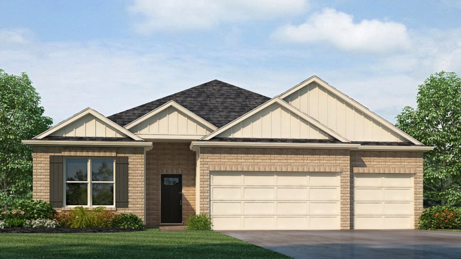 Rendering of Destin Plan with white paint, a three-car garage and scenic front yard.