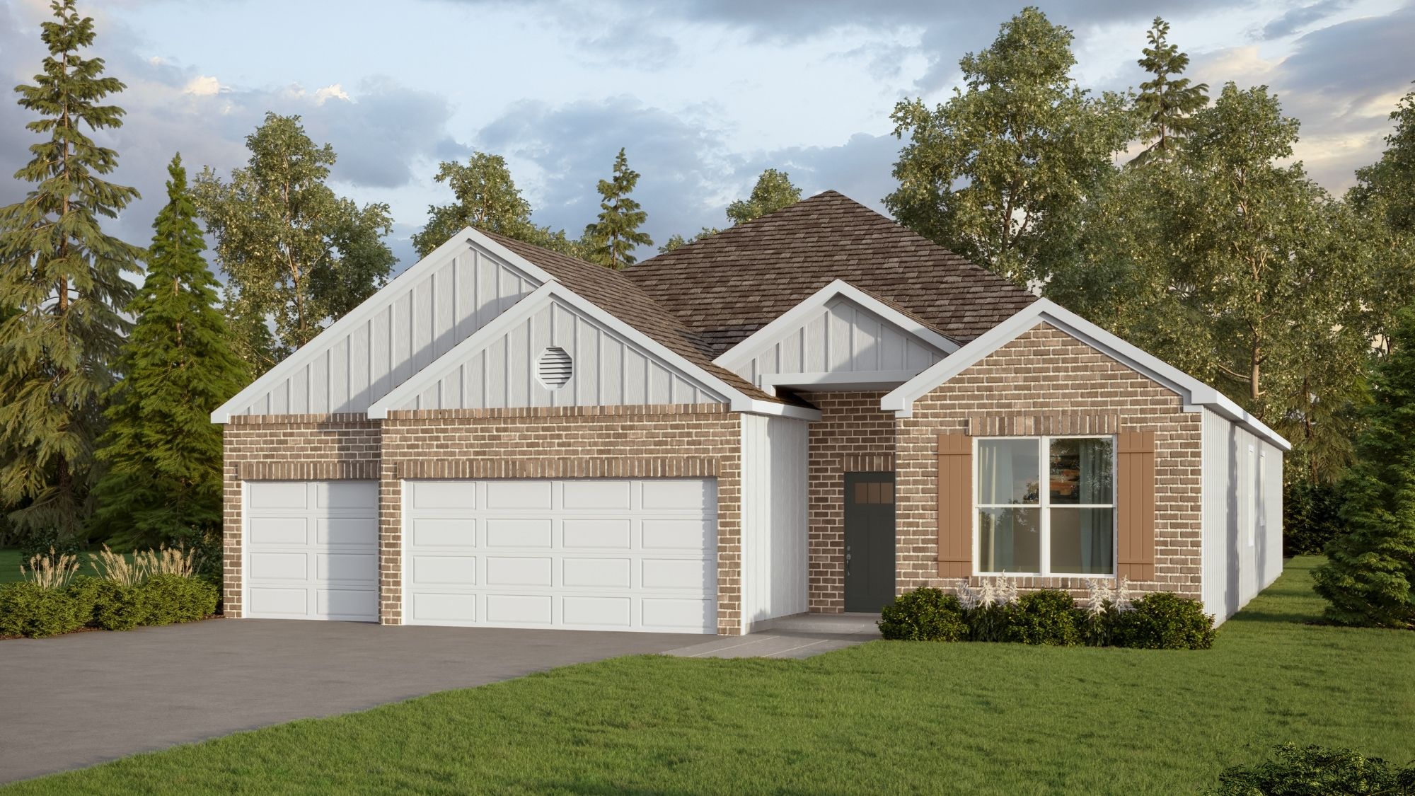 Rendering of Destin Plan with white paint, a three-car garage and scenic front yard.