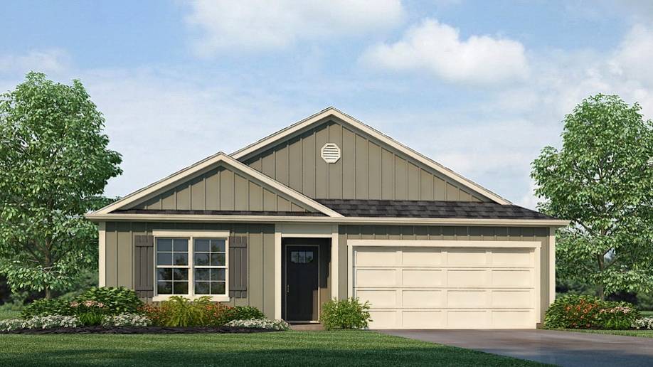 Rendering of our Freeport plan offering 4 bedrooms and 2 bathrooms spread across 1,497 square feet all on one level, and a two-car garage for your convenience.