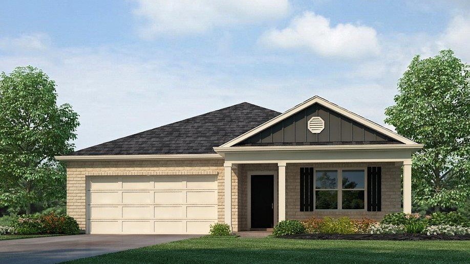 1 story home with a covered front porch and a 2 car garage