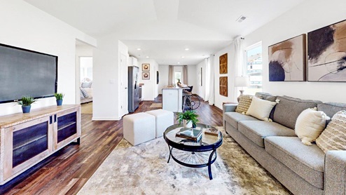 Burke – Living Room – 1 - A well-organized living room with a comfortable couch, a sleek coffee table, and a modern television.