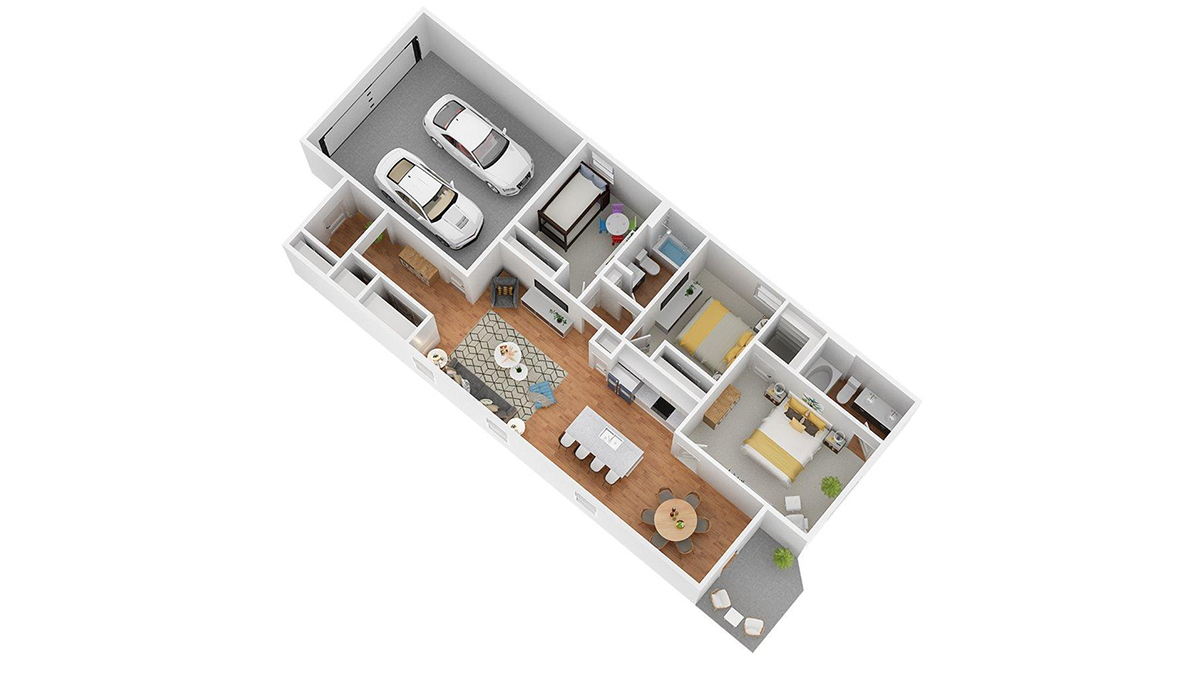 Burke-3D-Floorplan with furniture located throughout the home