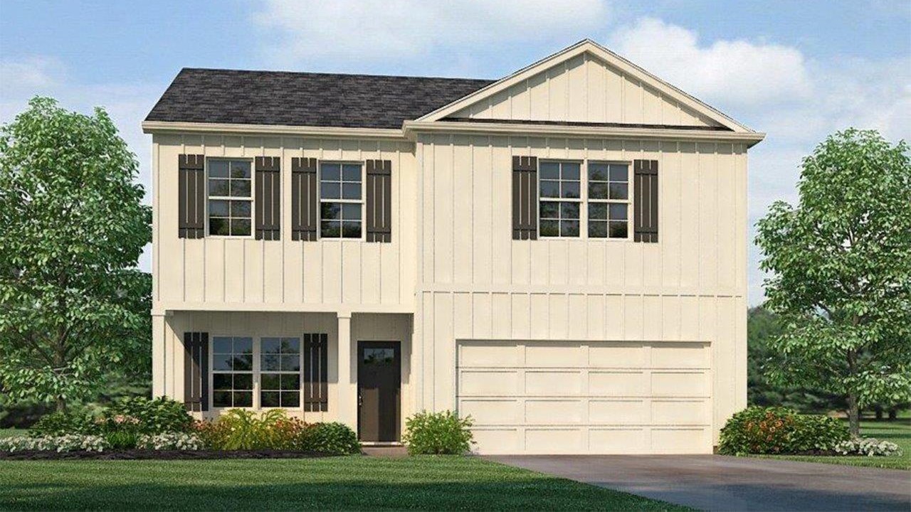 Penwell-Elevation-A1-white 2 story home with a 2 car garage
