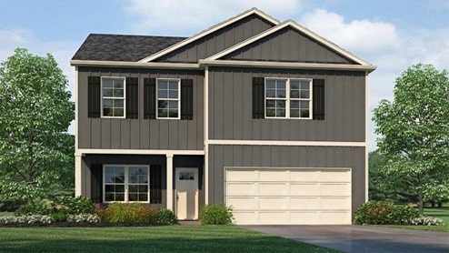Penwell-Elevation-B1-grey 2 story home with a 2 car garage