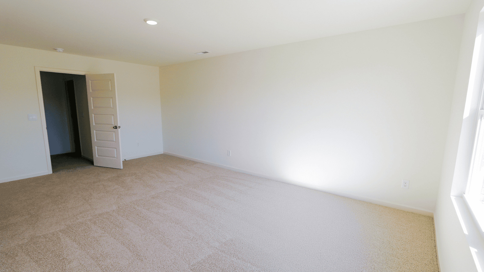 Spacious empty room with beige carpet, a white door, and a large window for natural light.