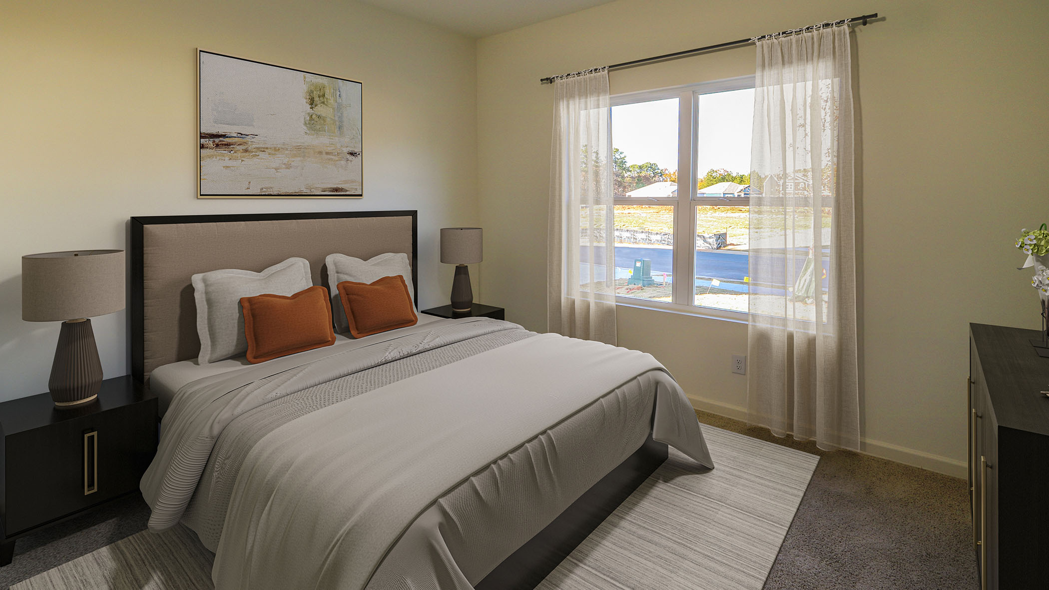 The bedroom has white walls and made bed.