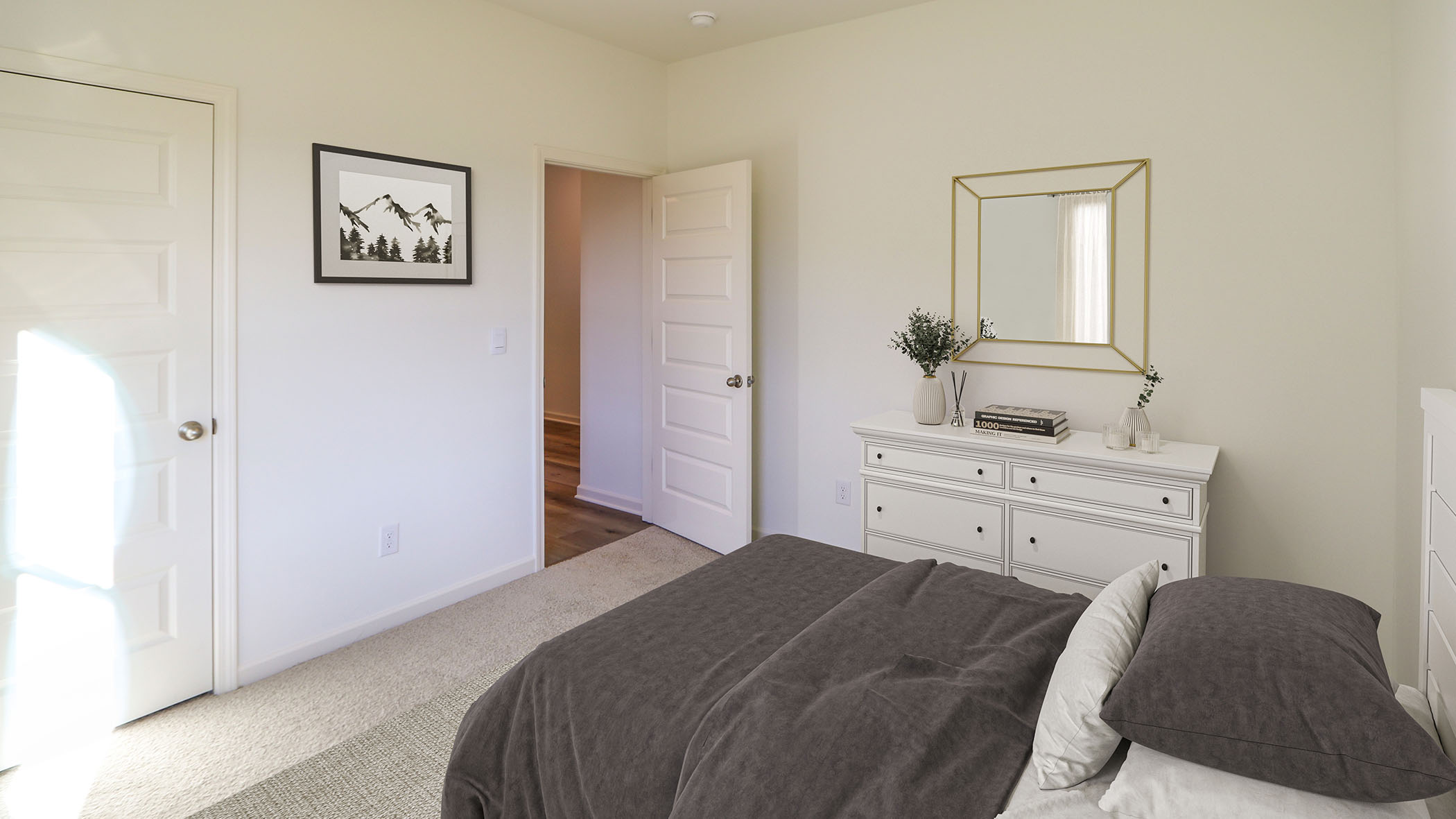 The bedroom has white walls and made bed.