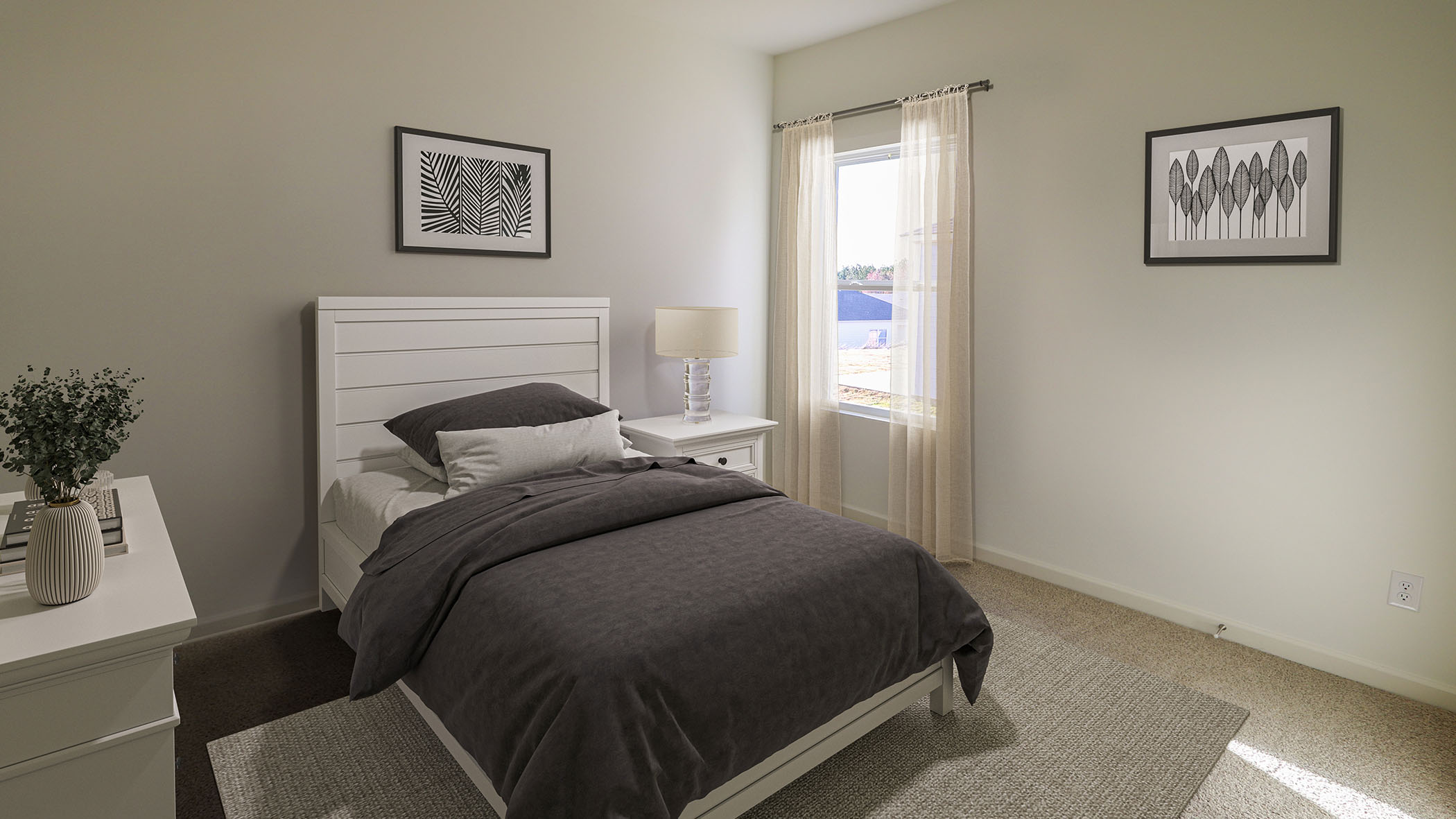 The bedroom has white walls and made bed.