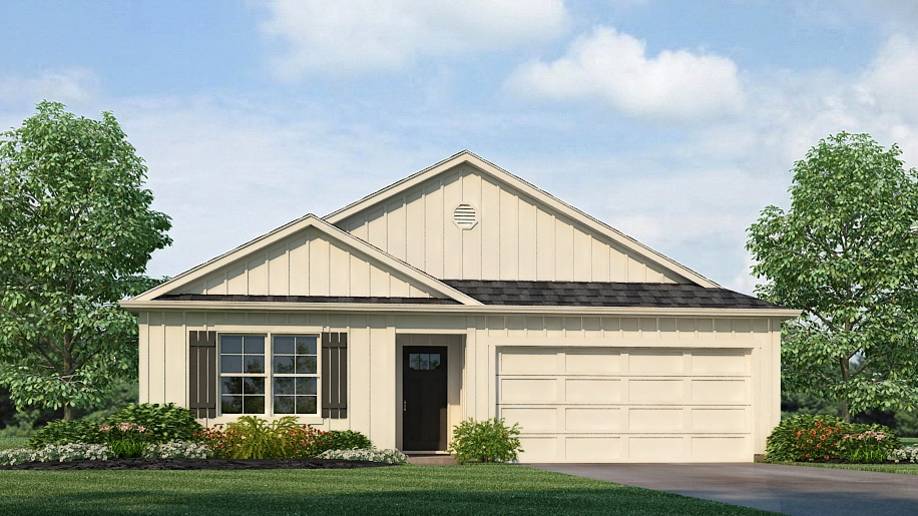 Rendering of our Freeport plan offering 4 bedrooms and 2 bathrooms spread across 1,497 square feet all on one level, and a two-car garage for your convenience.