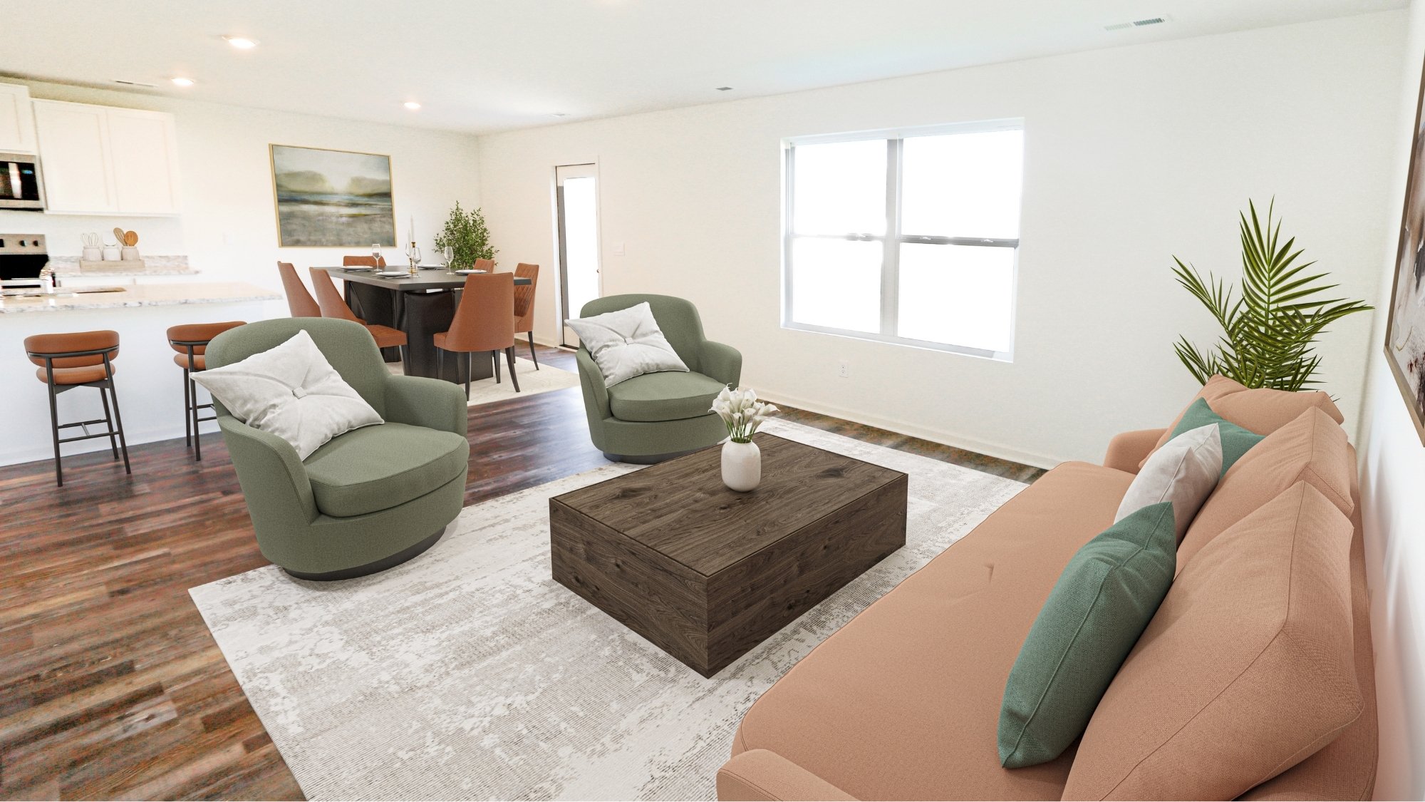 The living room blends seamlessly into the dining area, allowing for the whole family to spend time together no matter the activity.