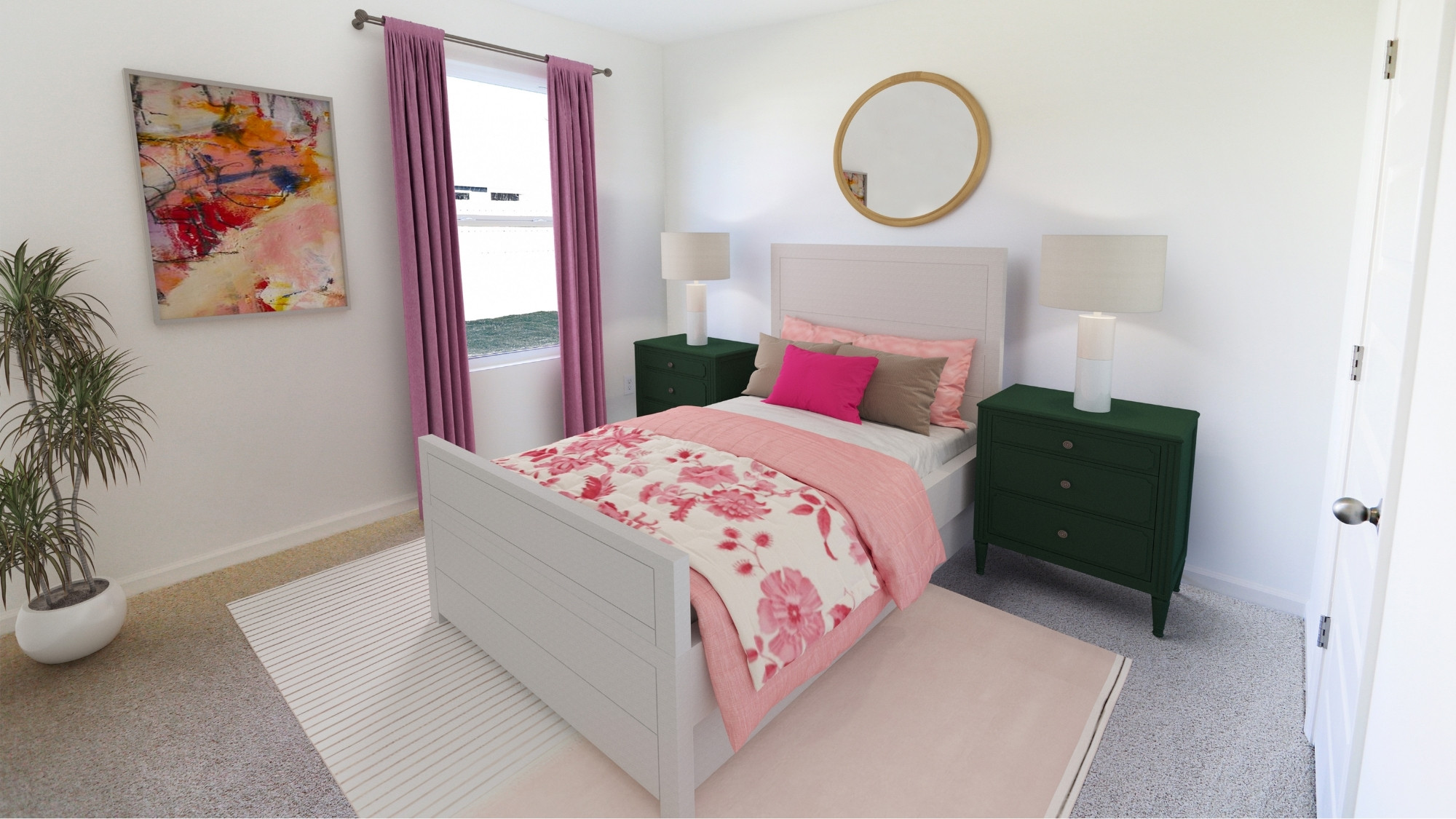 The downstairs bedroom has a large window, allowing for ample light, and enough space for a full or a queen bed.