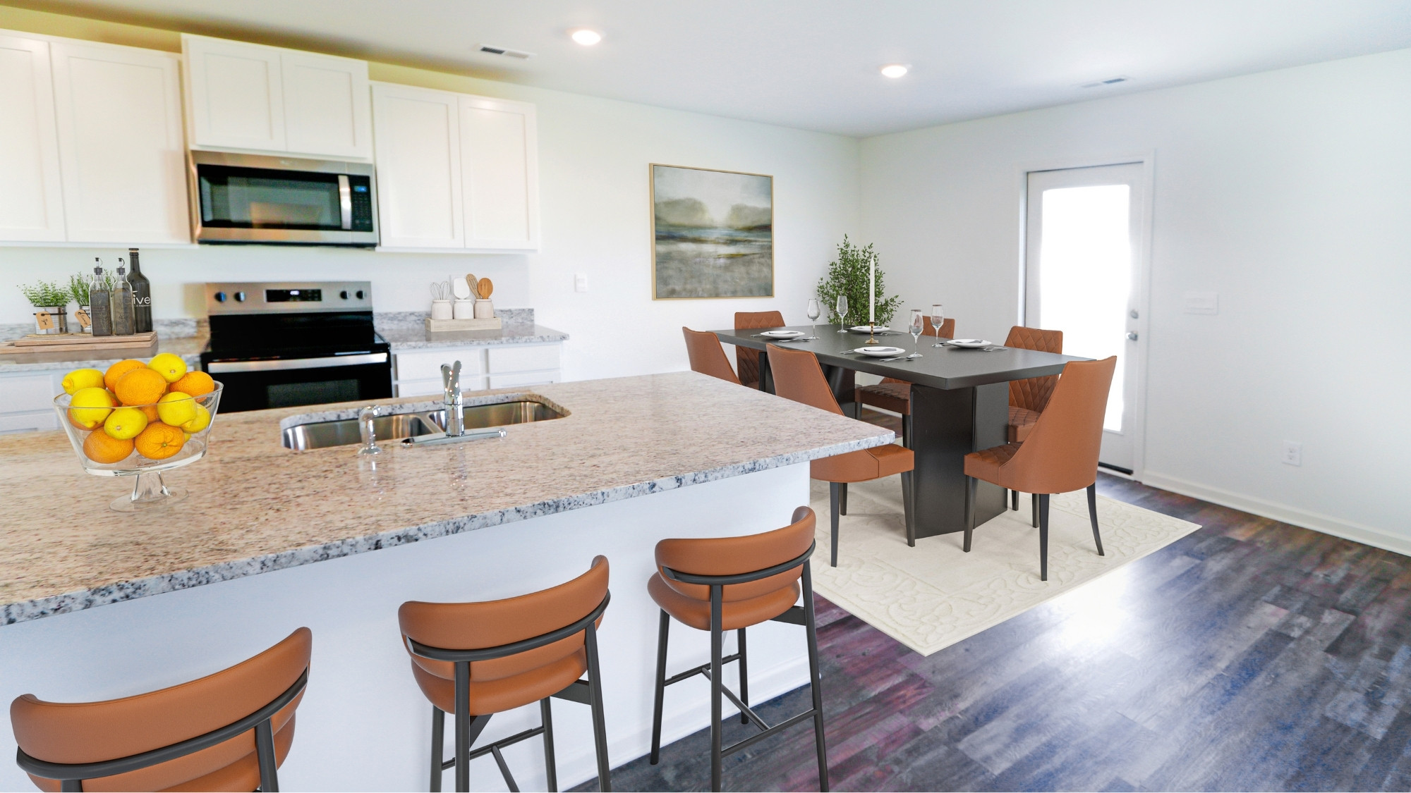 The open concept kitchen and dining space has ample room for a full set of dining room furniture. Shown here is a roomy dining set for 6 people.