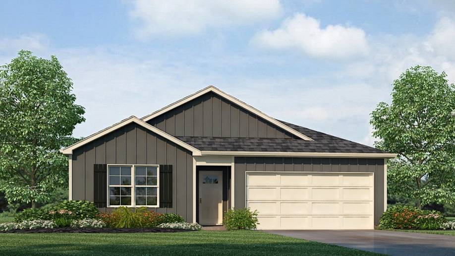 Rendering of our Freeport plan offering 4 bedrooms and 2 bathrooms spread across 1,497 square feet all on one level, and a two-car garage for your convenience.