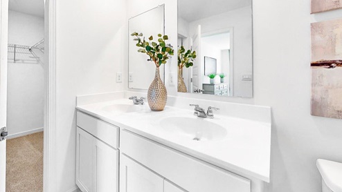 A spacious double vanity with mirrors is available. The vanity features ample space and two mirrors for convenience.