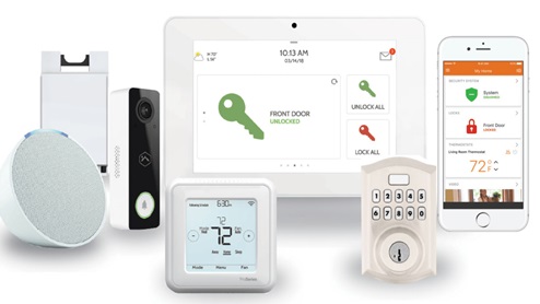 Smart Home Package- Visual of two smartphones featuring the Alarm.com app. Picture of the doorbell cam associated with the alarm.com app, black sleek doorbell cam. Picture of an amazon echo pop with blue light signaling Alexa. Picture of a Deako brand smart light switch. Image of a smart thermostat system on a wall. Image of a Kwikset branded locking mechanism. A collective image of the entire smart home package with the previous images. Disclosure that reads: Note: Pictures depict a similar completed home floorplan and elevation, but it is not the actual home for sale. Features, colors, finishes & options may differ from what’s shown.