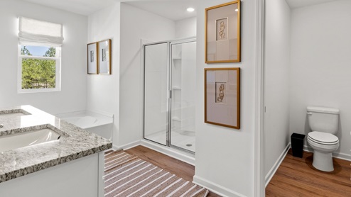 The spacious primary bathroom features a double vanity, providing ample space for two individuals to use simultaneously. It also includes a luxurious walk-in shower, offering a modern and convenient bathing experience. Additionally, there is a large garden tub, perfect for relaxing and unwinding after a long day.