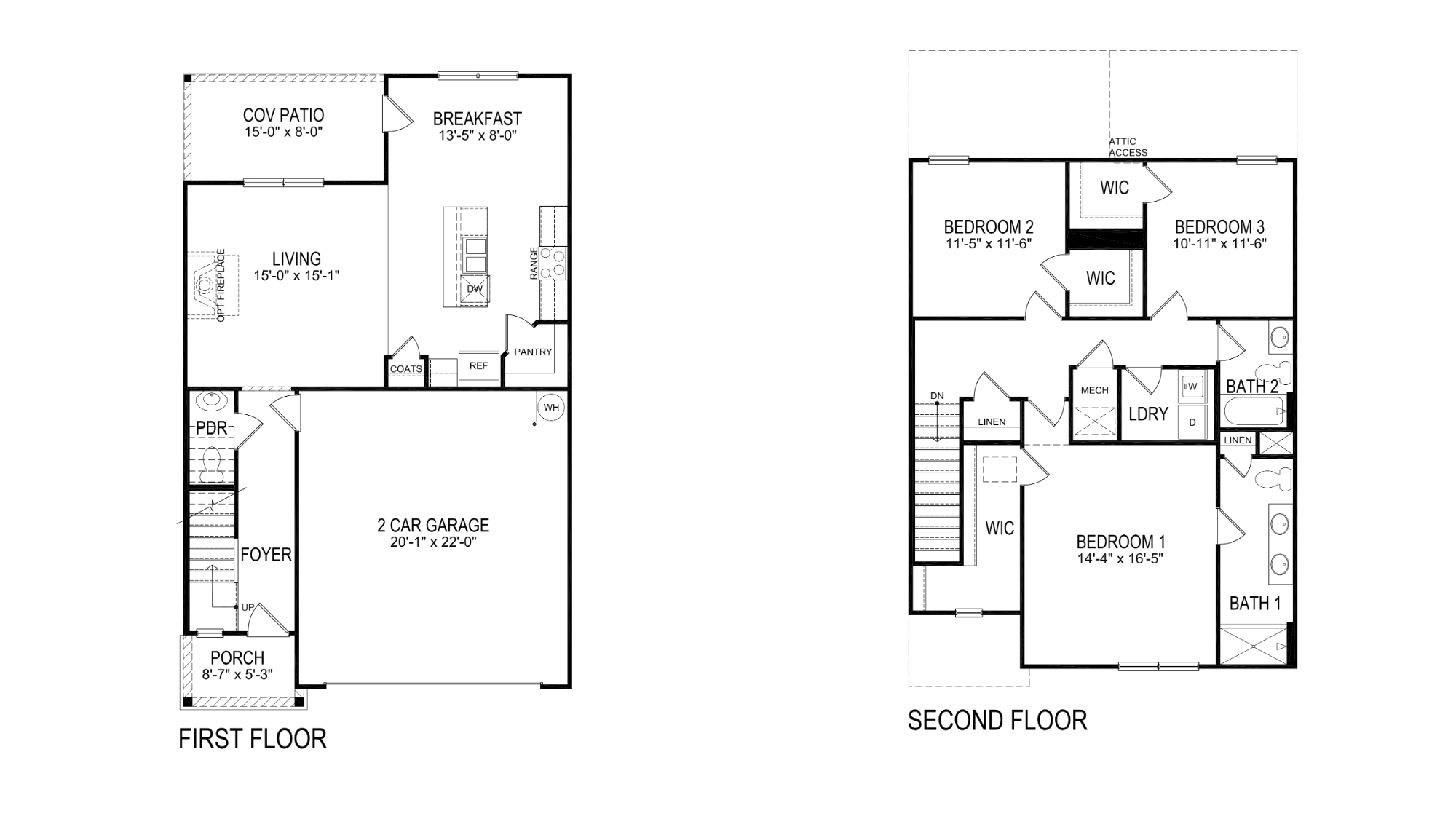 A top-down view of the Darwin floorplan, a 3 bed 2.5 bathroom house spread across two levels.