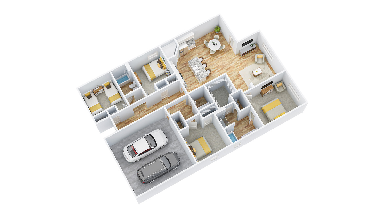 Rhett -Floorplan-3D- Floorplan with furniture located throughout the home