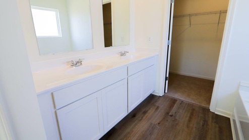 A bright, elegant bathroom with white walls and cabinets. It features a vinyl plank floor, a spacious sink area with a mirror, and an open closet. A bathtub is visible on the right.