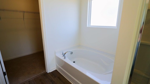 A bright, elegant bathroom with white walls and cabinets. It features a vinyl plank floor, a spacious sink area with a mirror, and an open closet. A bathtub is visible on the right.
