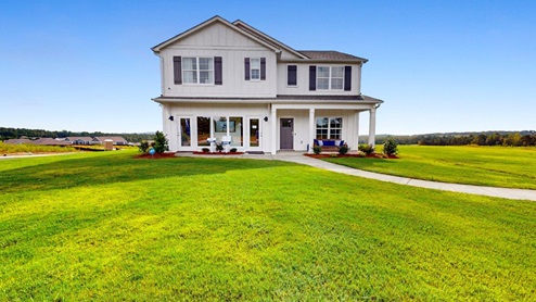 The Carol Plan, our model home for Mallard Landing boasts a beautiful two-story home with white siding with just over 2,500 square feet, this beautiful two- story home offers 5-bedrooms with 3-bathrooms, and a 2-car garage with a gorgeous open floor layout.