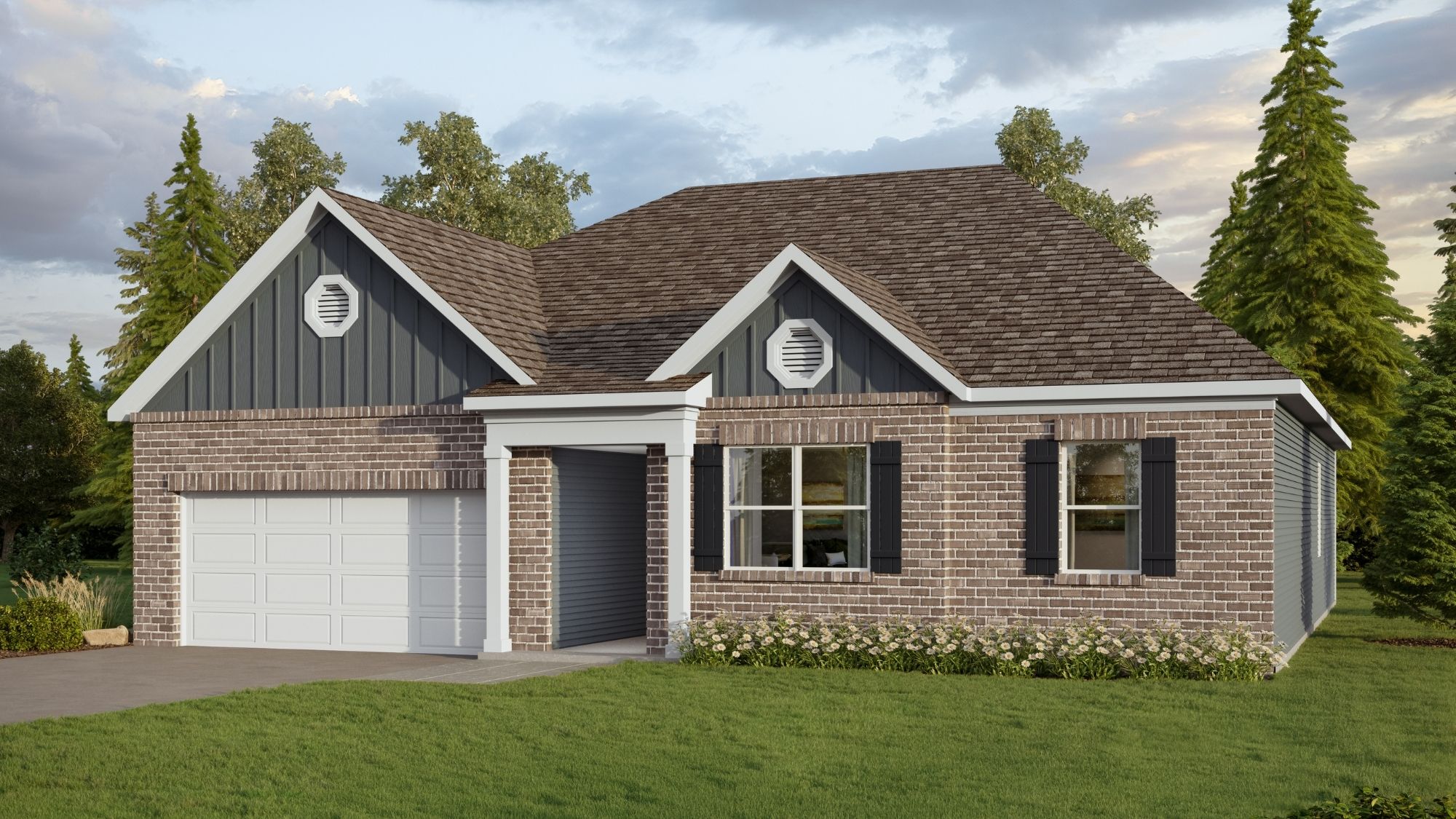 Rendering of our Clayton Plan featuring a single-level plan with 4 bedrooms and 2 bathrooms, offering 2,107 square feet of living space.
